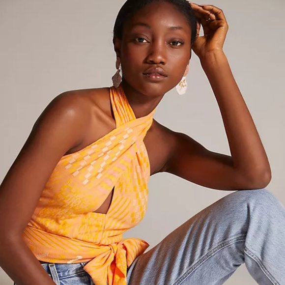 Eva Franco Tops - 38. Eva Franco Anthropologie Citrus Yellow Knit Summer Wrap Halter Top